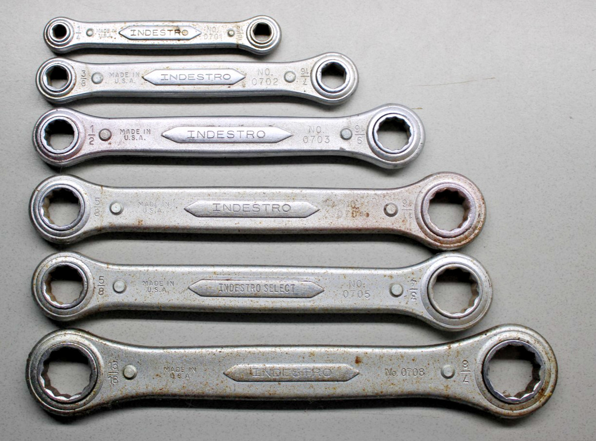 Lot of 6 Vintage Indestro Double Box End Ratcheting Wrenches USA 1/4″ – 7/8″