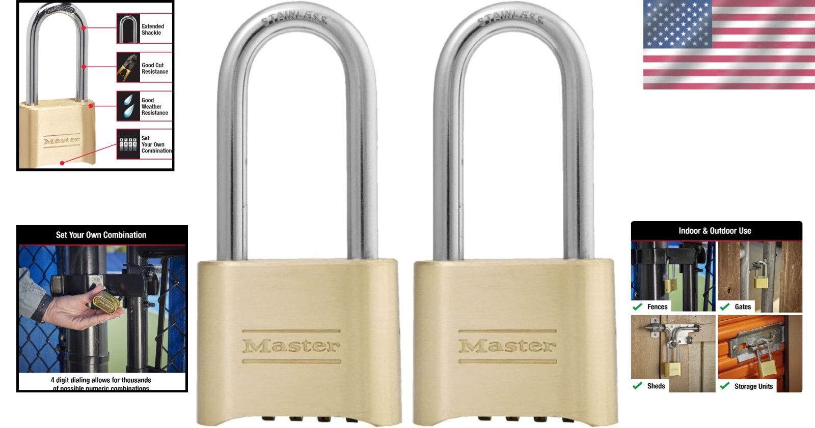 Durable Keyless Outdoor Combination Padlocks with 2-1/4-Inch Shackles – 2 Pack
