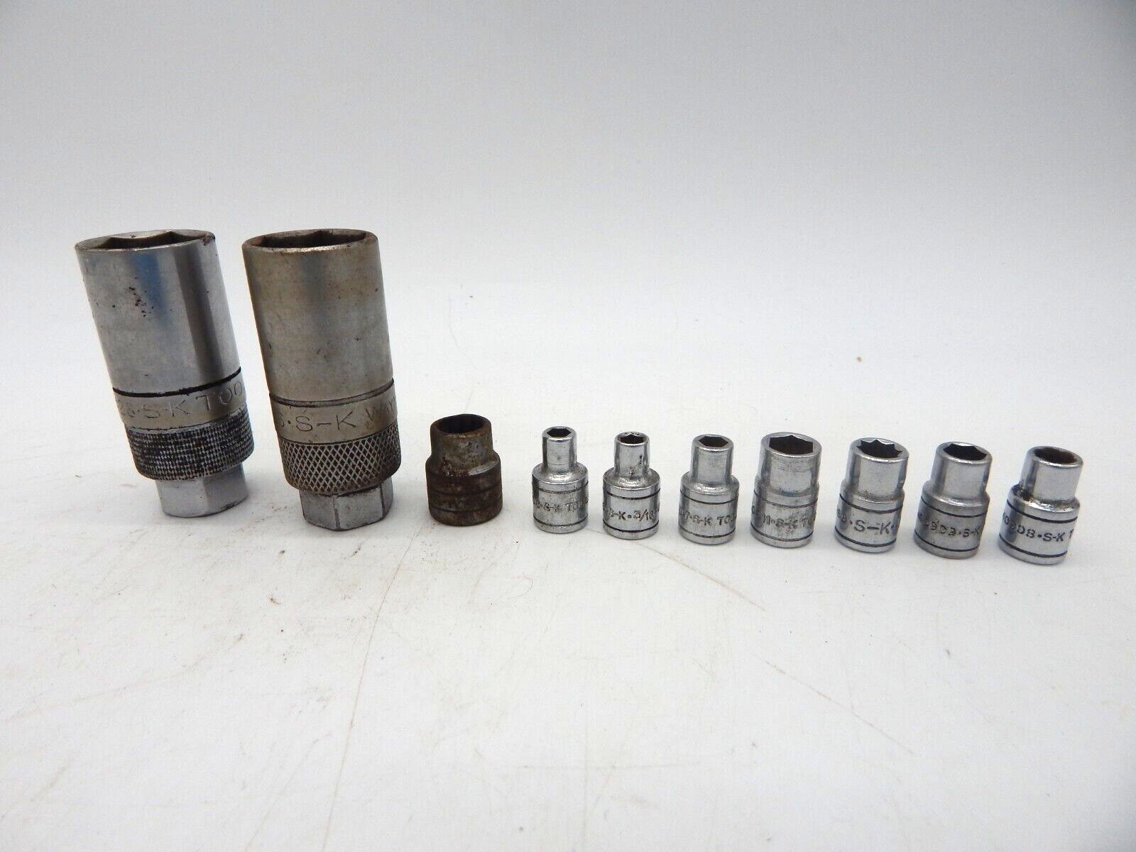Set of 10 Vintage S K Tools Sockets 1/2″, 3/8″ & 1/4″ Drive 12 & 6 Point USA