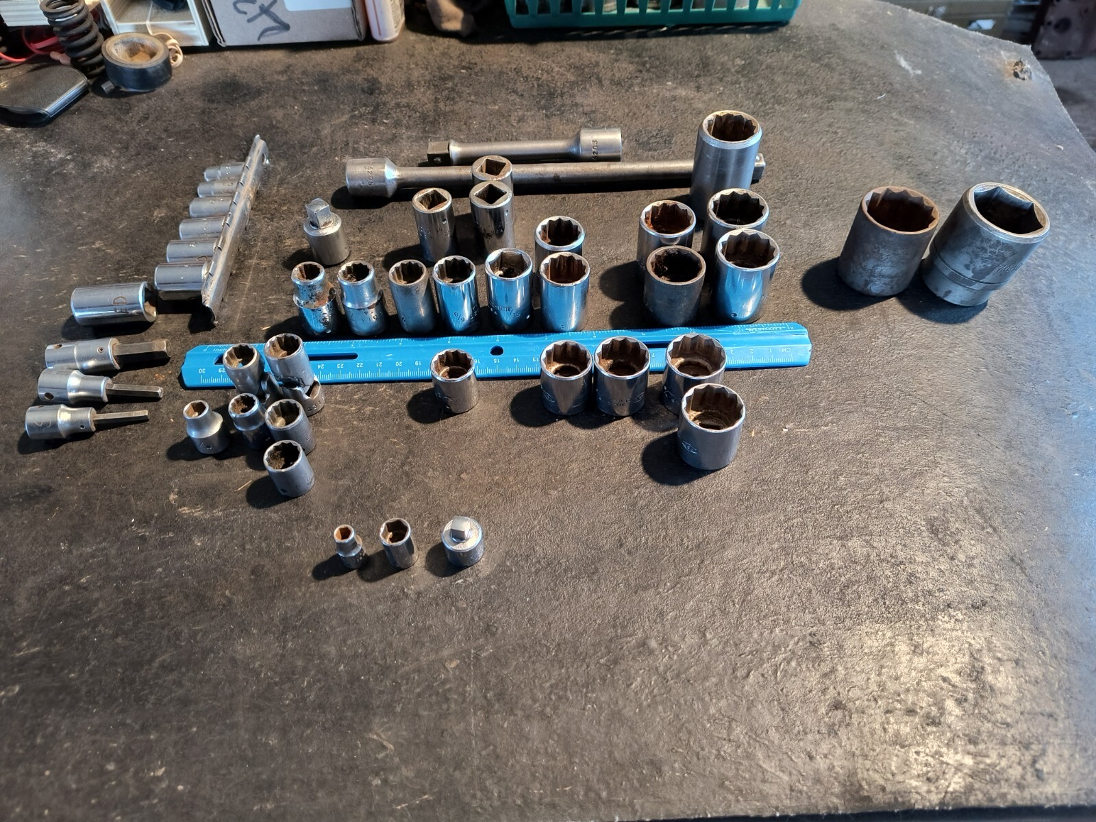 Lot of P&C Sockets and Accessories, 1/2″, 3/8″, and 1/4″ Drive, USA