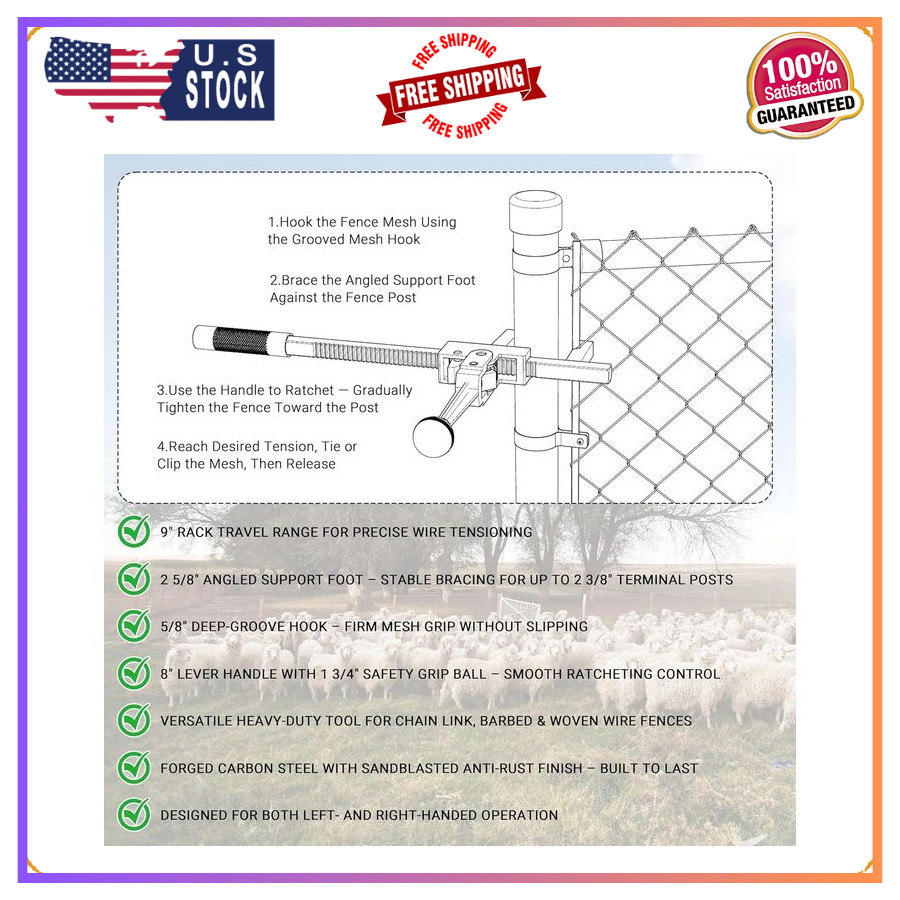 Heavy Duty Chain Link Fence Stretcher Puller 9″ Ratchet Farm Ranch Tool