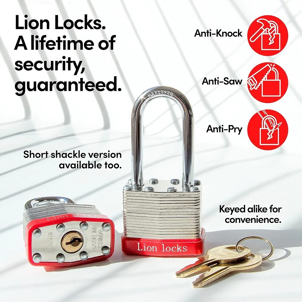Lion Locks 12 Keyed-Alike Padlocks w/ 2” Long Shackle, 24 Keys, Hardened Stee…