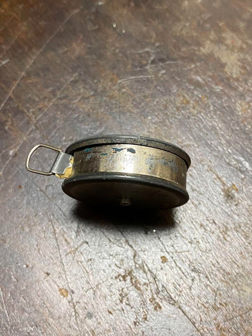 Antique Late 1800s Bulldog Tape Measure, Cast Iron and Brass, Inch Measure used