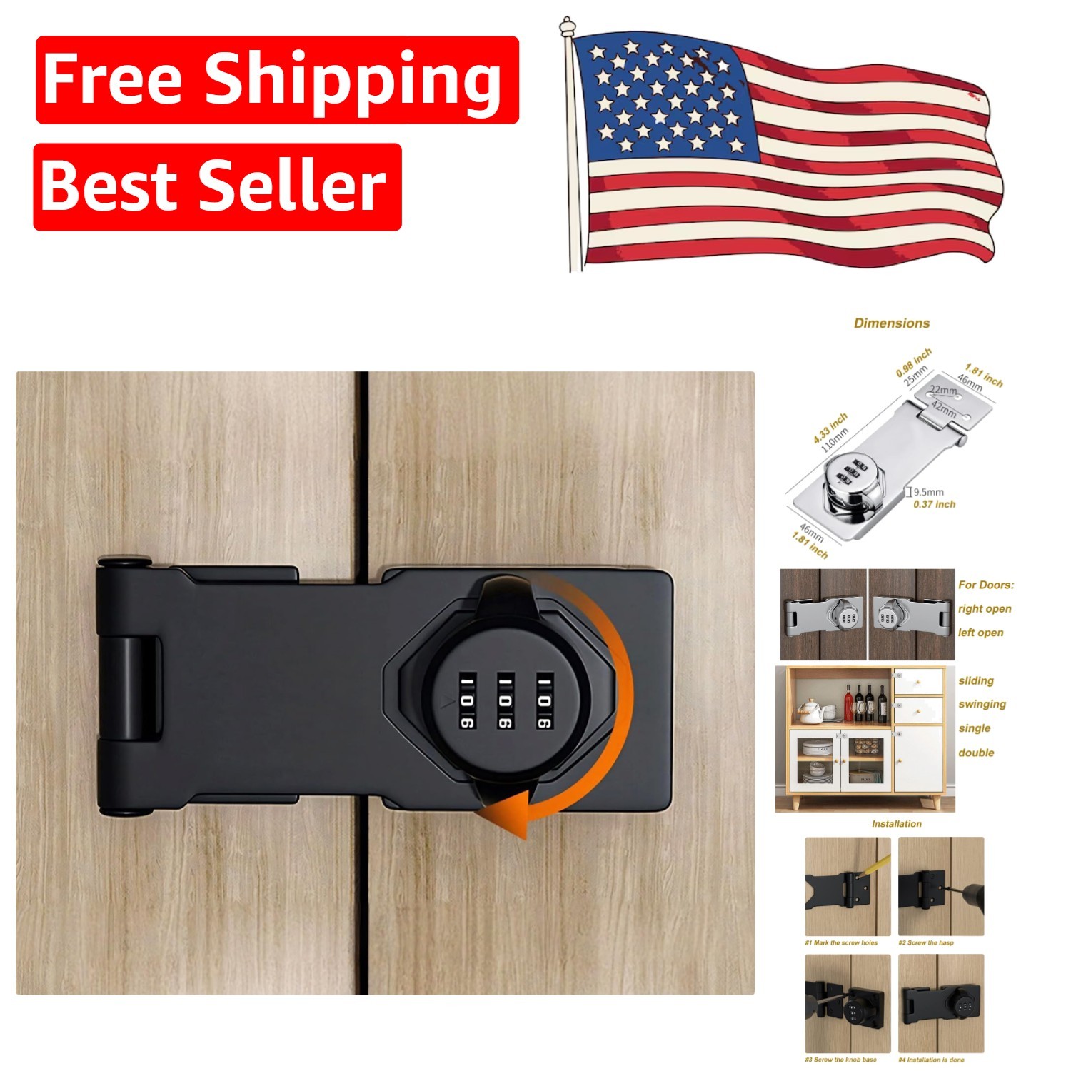Modern Black Keyless Lock with 3-Digit Code – Secure Your Cabinets & Safes