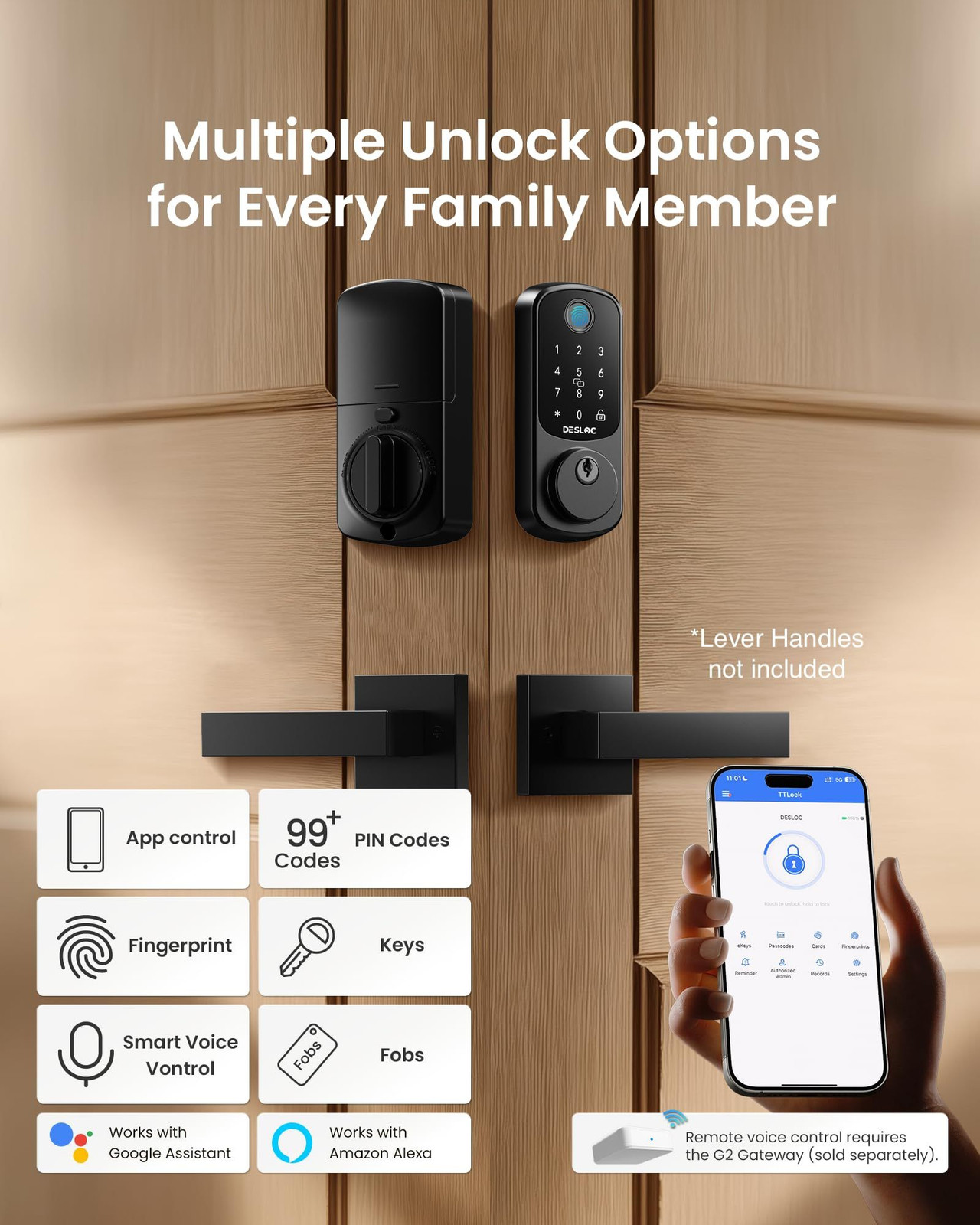 DESLOC B200 Fingerprint Smart Door Lock with App 6.1 *2.87 * 0.98 inch, Black