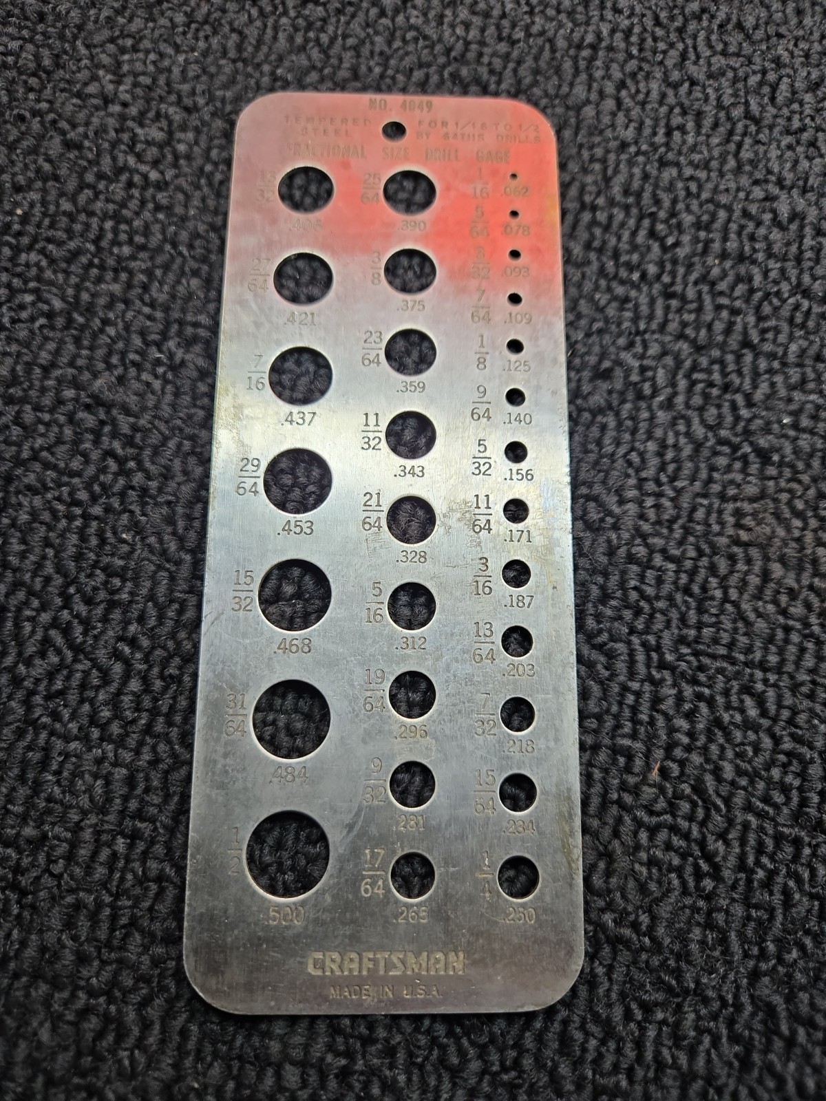 Vintage Early Craftsman 4049 Fractional Size Jobbers Drill Gauge Steel USA