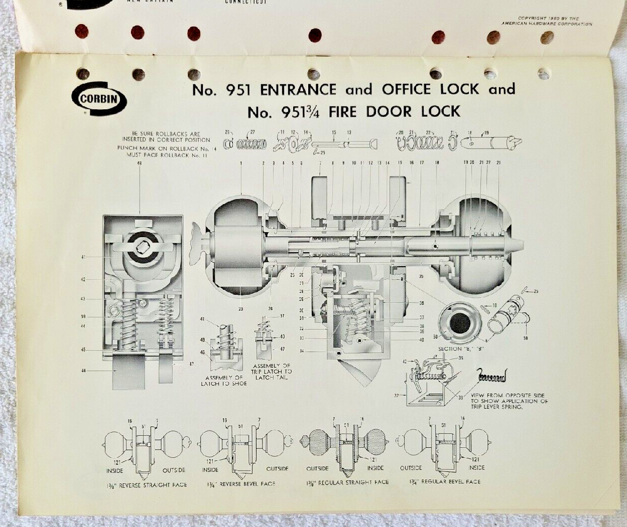 Vintage 1960 Corbin Lock: Unit Locksets 900 Series Manual & Parts List Locksmith