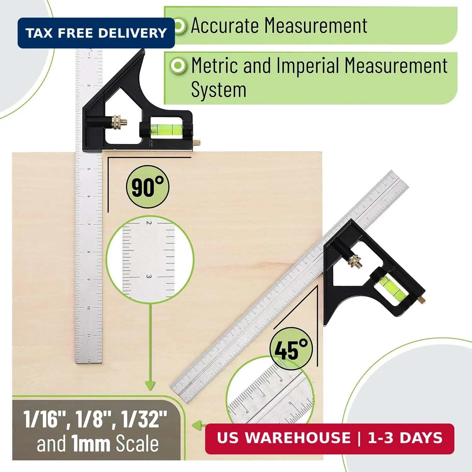Rafter Square and Combination Square Tool Set, Black, 7″ Square, 12″ Al