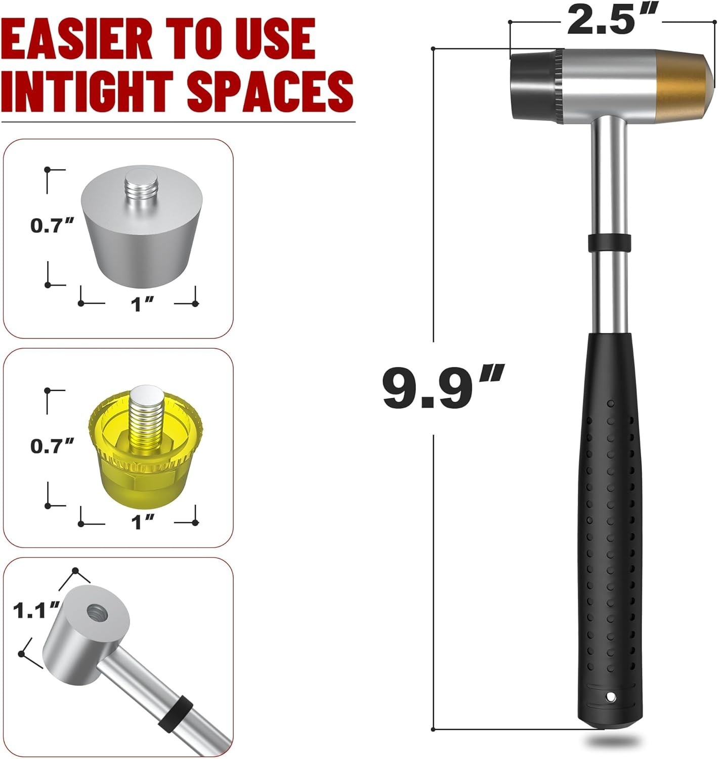 Small Brass Hammer with 4 Interchangeable 1-Inch Heads: Brass, Nylon, Aluminum,