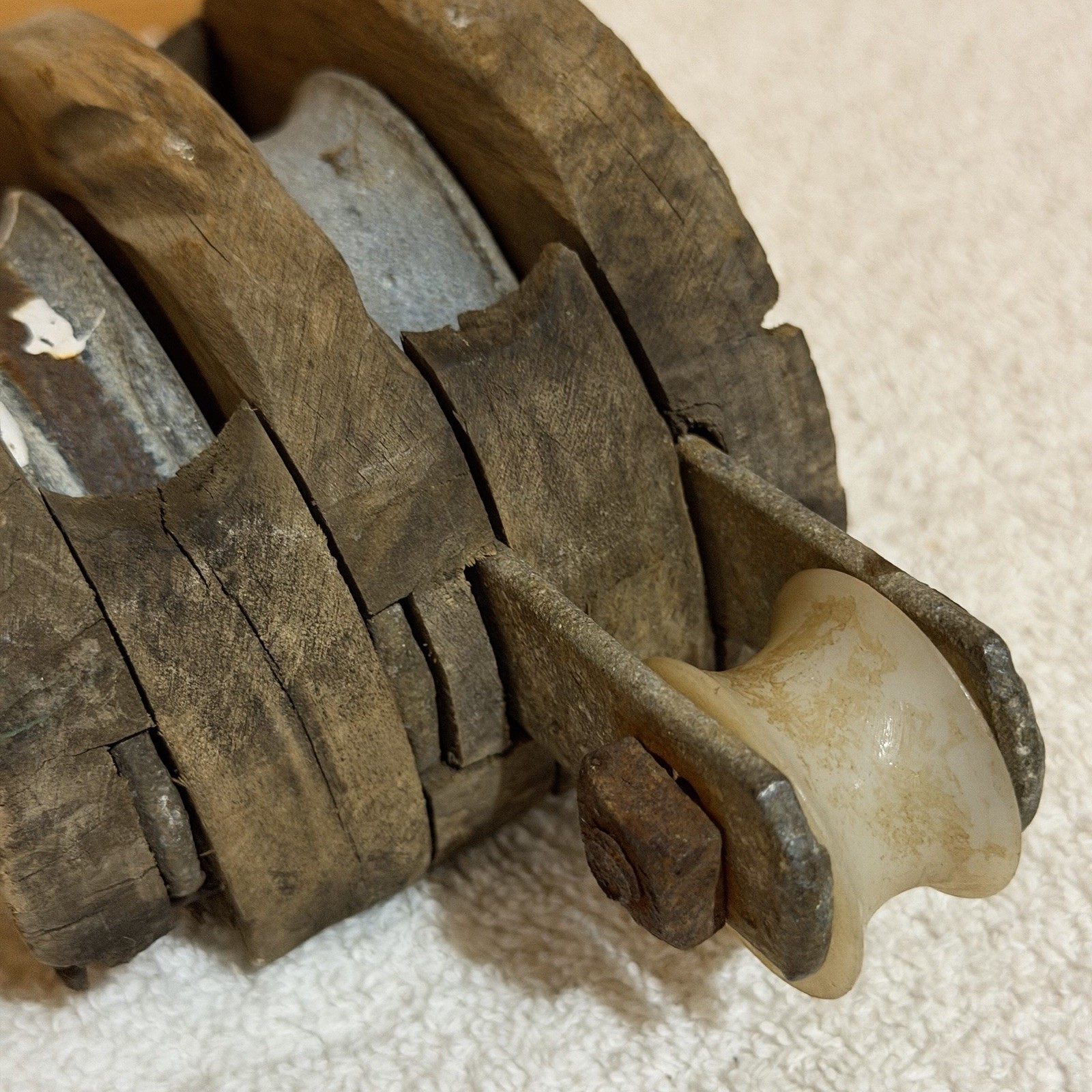 Antique Boston&Lockport Co Double Block & Tackle Wood&Iron Hook Pulley Wheel Vtg