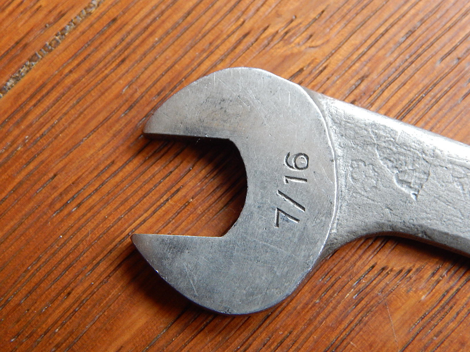 Antique Early Embossed Blue Point 1/2 + 7/16 Inch No T 1614 Thin Open End Wrench