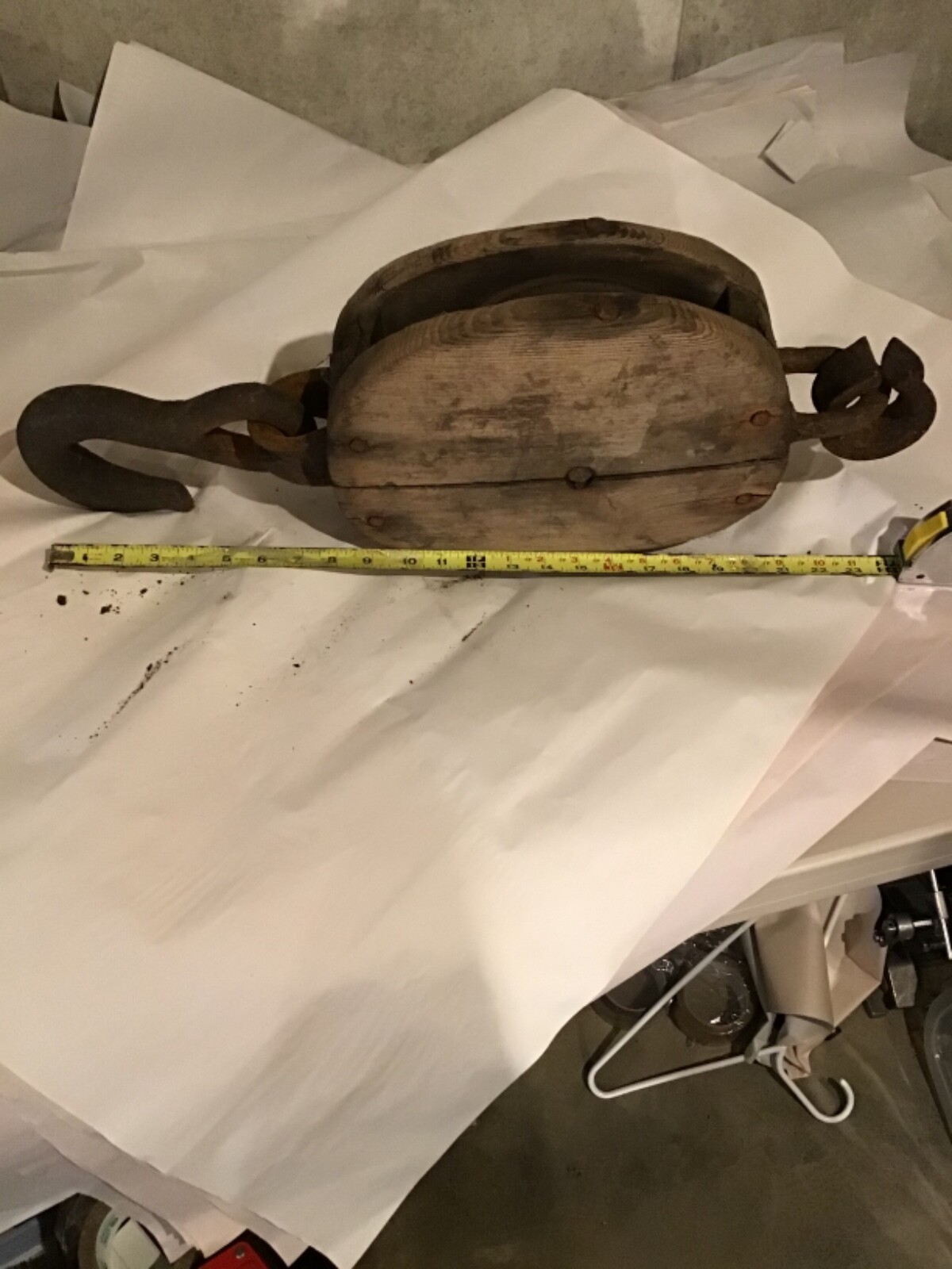 Vintage Antique Farm Equipment Wooden Block and Tackle Pulley Hook 24” Heavy