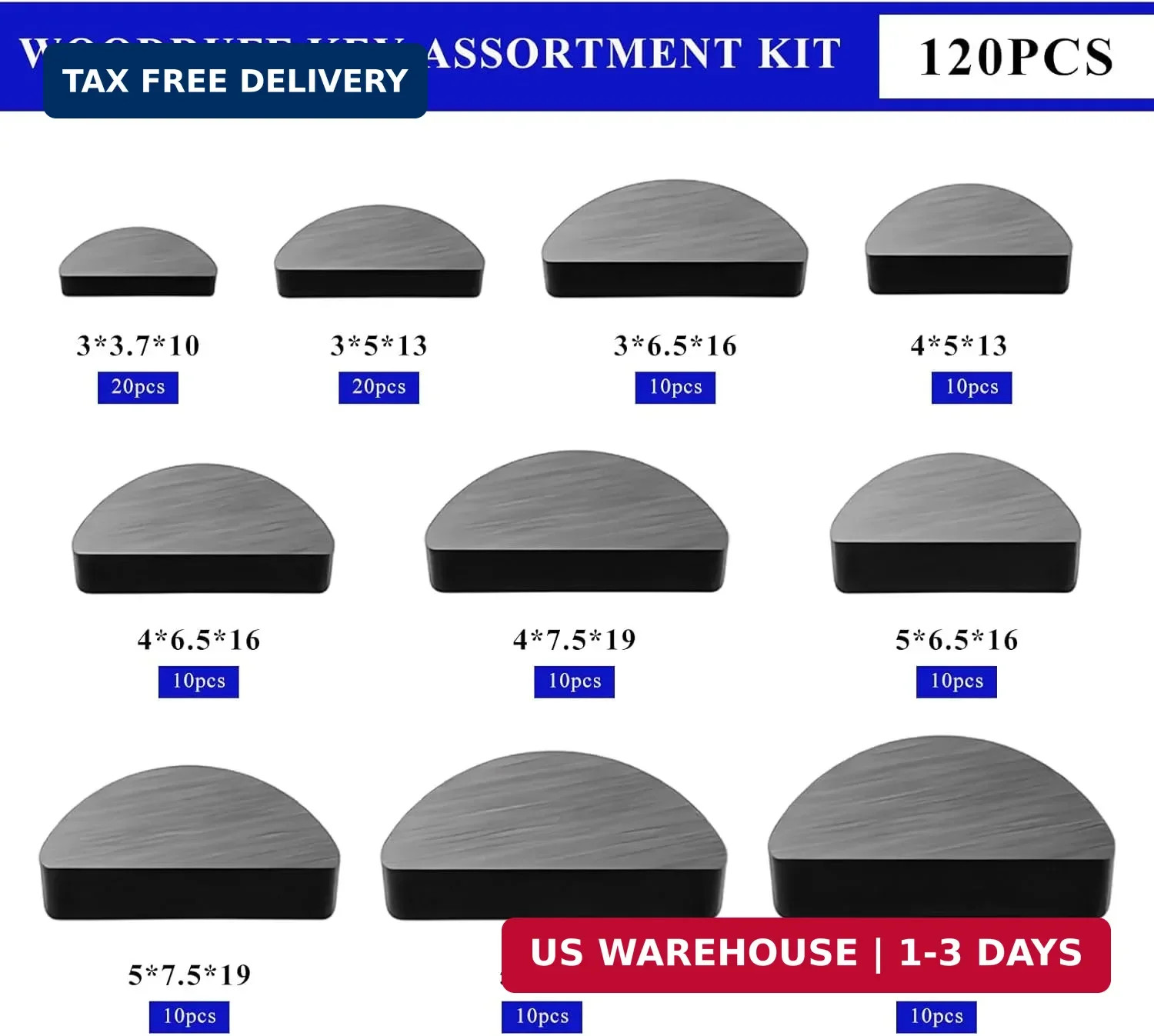 120PCS Woodruff Key Assortment Kit, 10 Sizes Carbon Steel Semicircle Bond Key Me