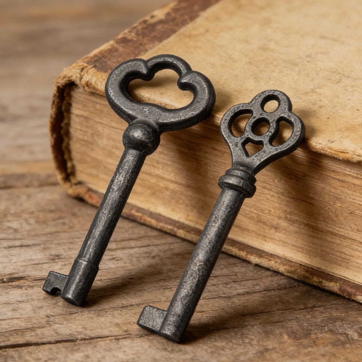 2 Pack Antique Brass Skeleton Keys for Vintage Furniture & Decorative Use
