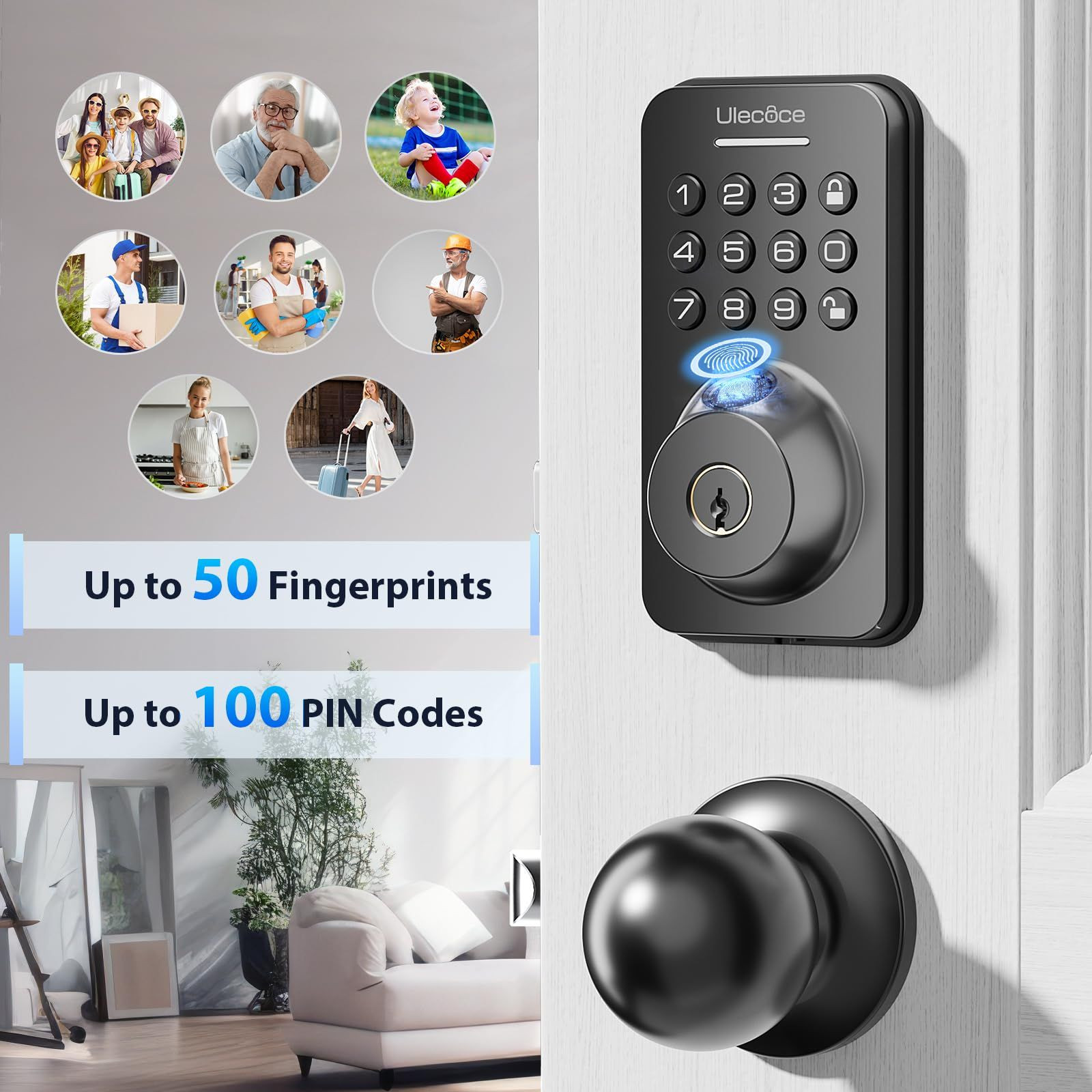 Ulecoce Fingerprint Keypad Deadbolt with Knob Set, Keyless Entry /, Black