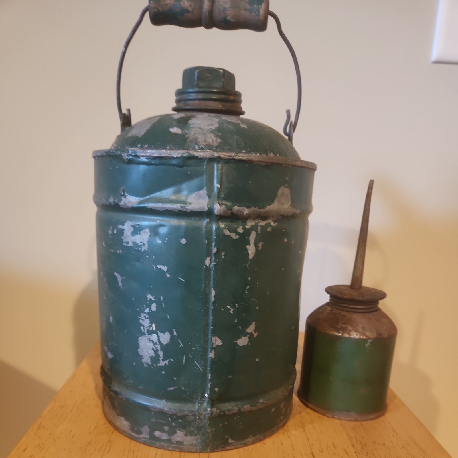 Vintage Green Metal Gas and Oil Can. Long Spout on oil can/wood handle on gas