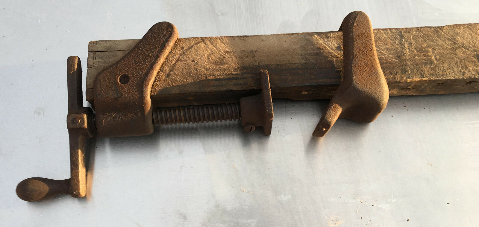 Cast Iron & Wood Carpenter Slide Bar Clamp Tool 42” vintage wooden primative