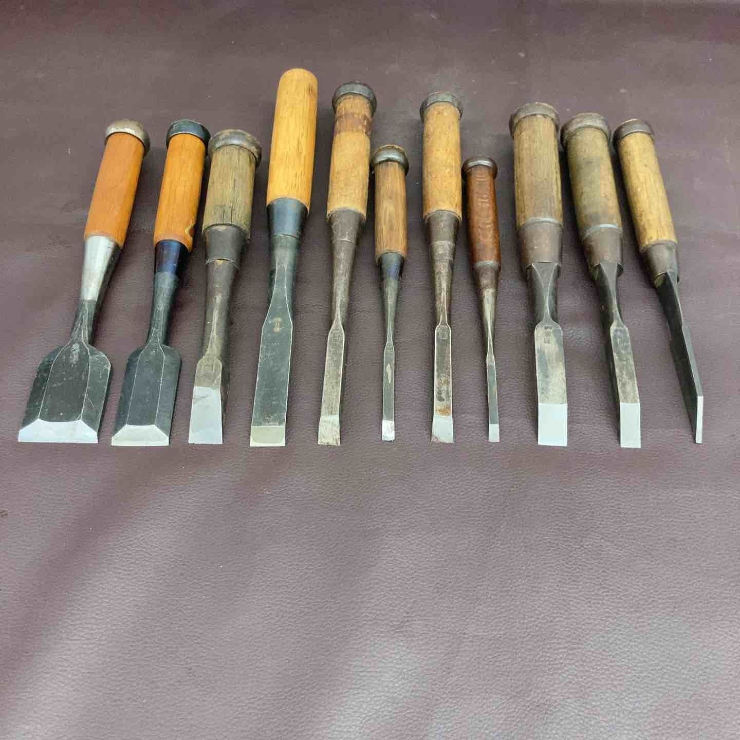 Japanese Chisels 11pcs Lot Signed Vintage Carpenter Tools Nomi Bundle From Japan