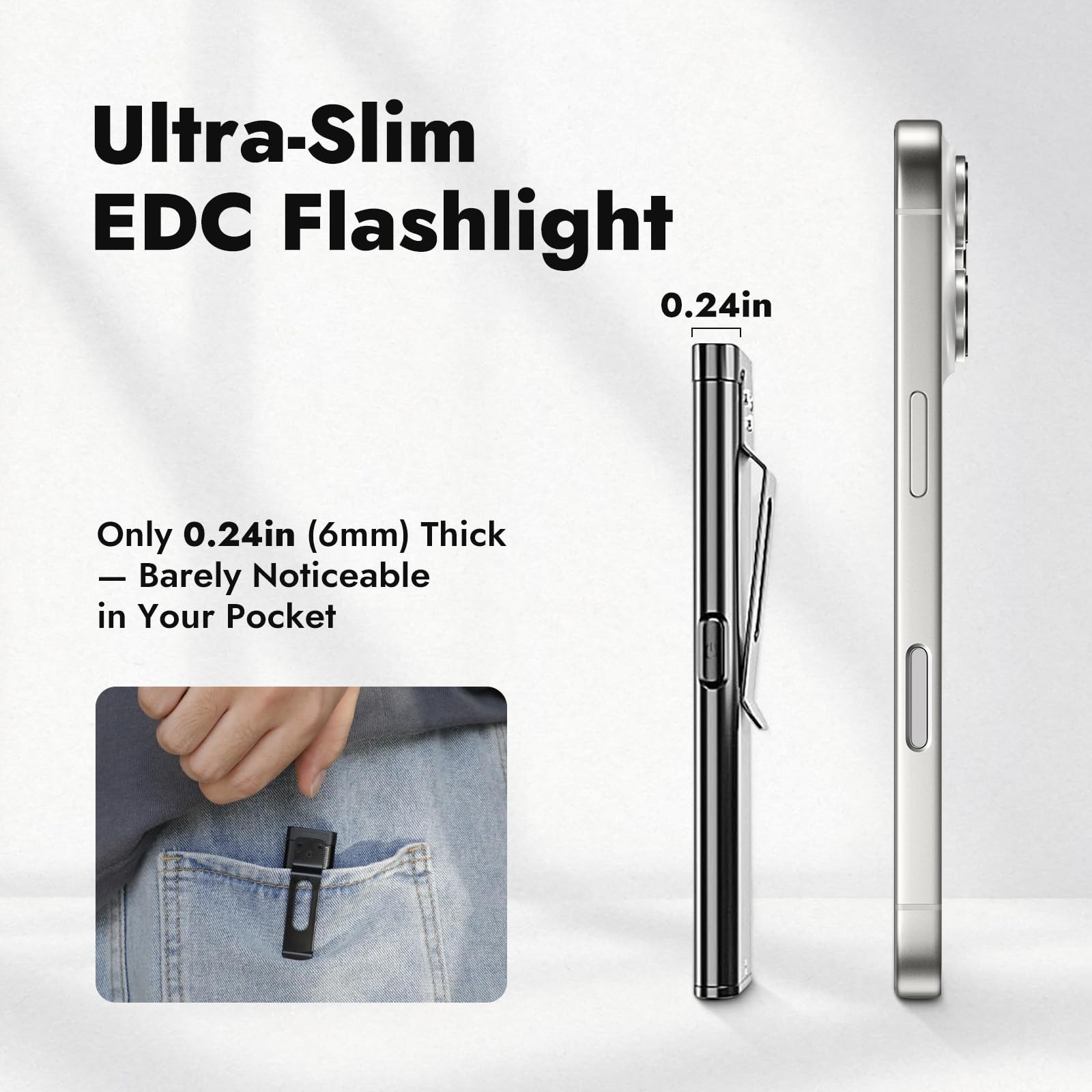 WARSUN T7 Flat Rechargeable Flashlight, Slim Pocket LED EDC Light Black-1Pcs