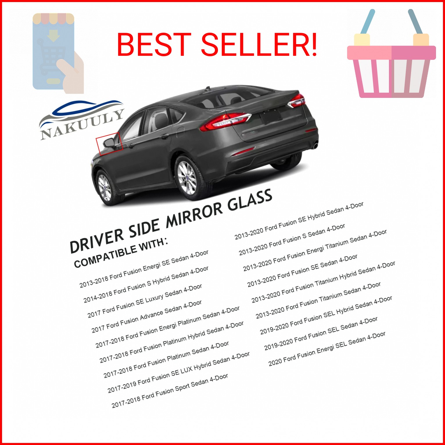 Mirror Glass Left Driver Side Compatible with 2013-2020 Ford Fusion