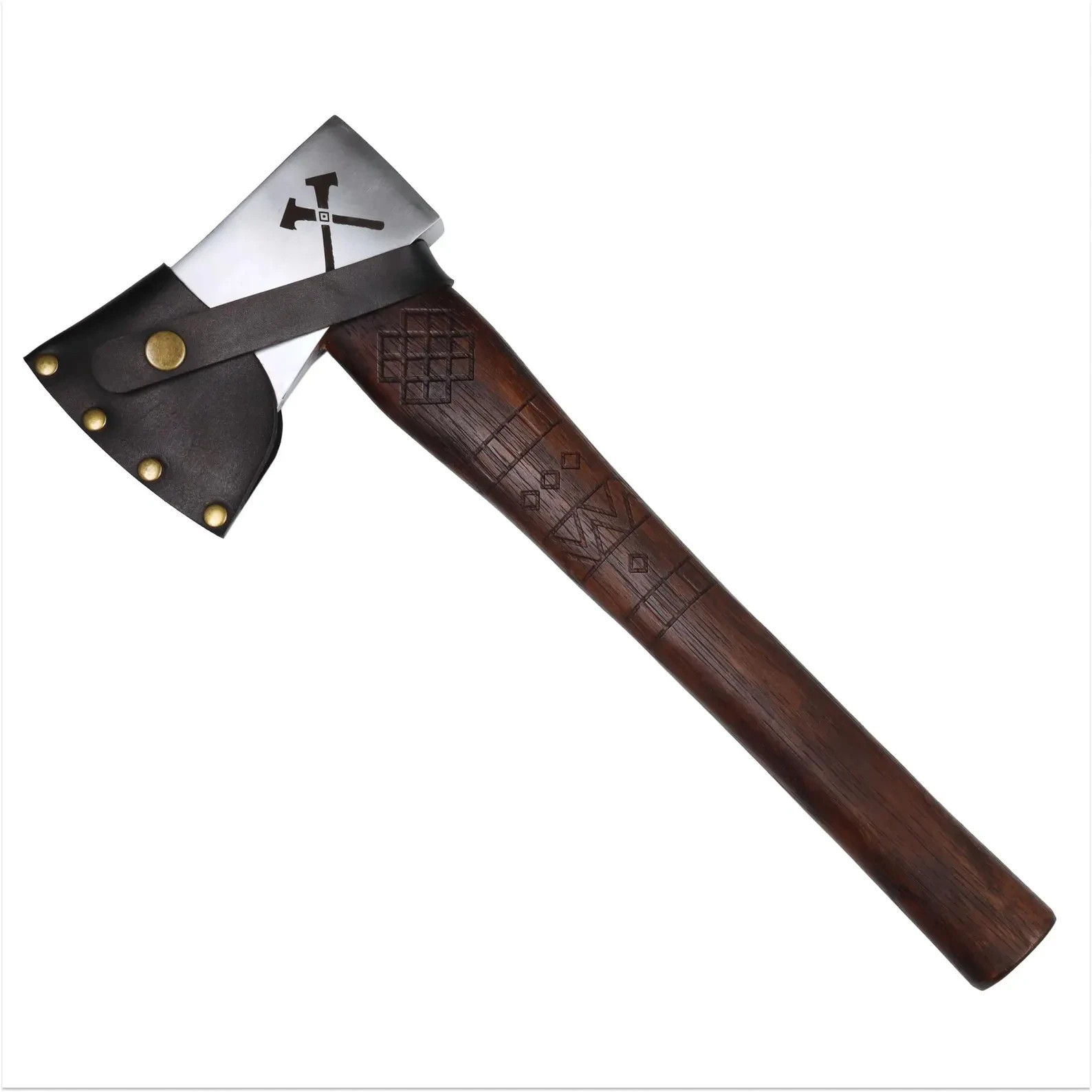 Handmade Bushcraft Camping Axe Hatchet Engraved Wood Handle w/ Leather Sheath