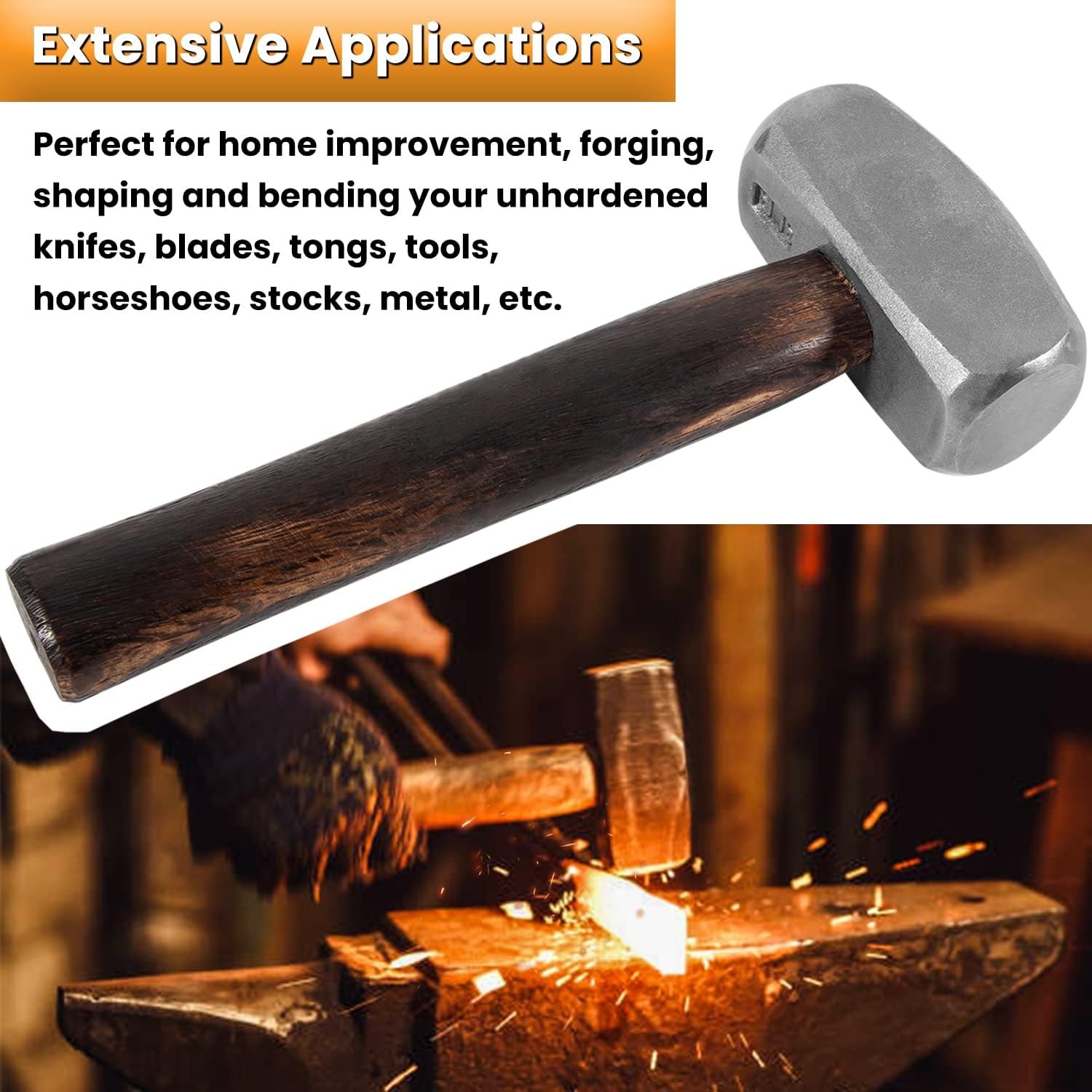 3lb Blacksmith Handmade Forge Hammer Flat Round Face w/ Wooden Handle Steel Head