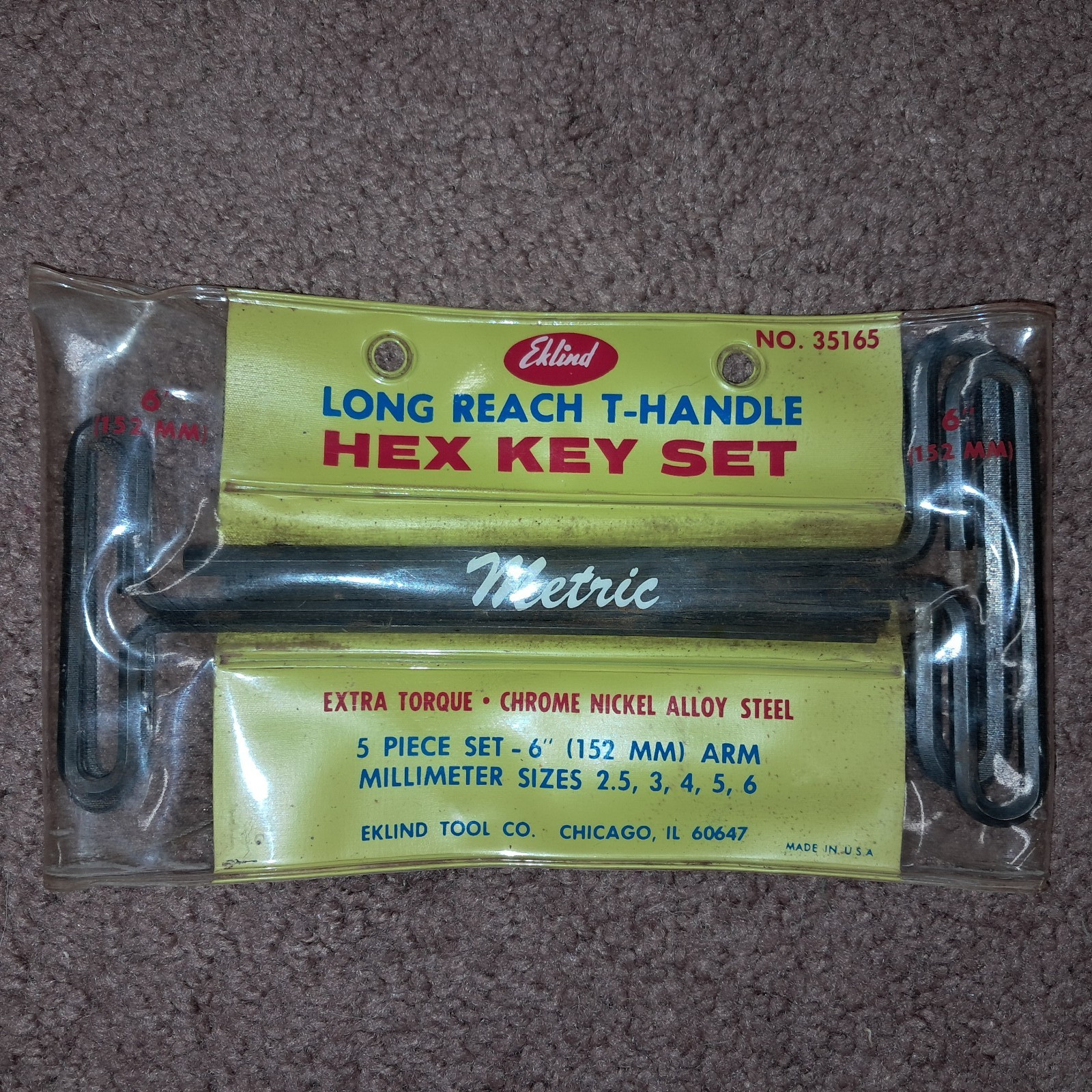 Vintage Eklind Long Reach T-Handle Metric Hex Key Set No. 35165