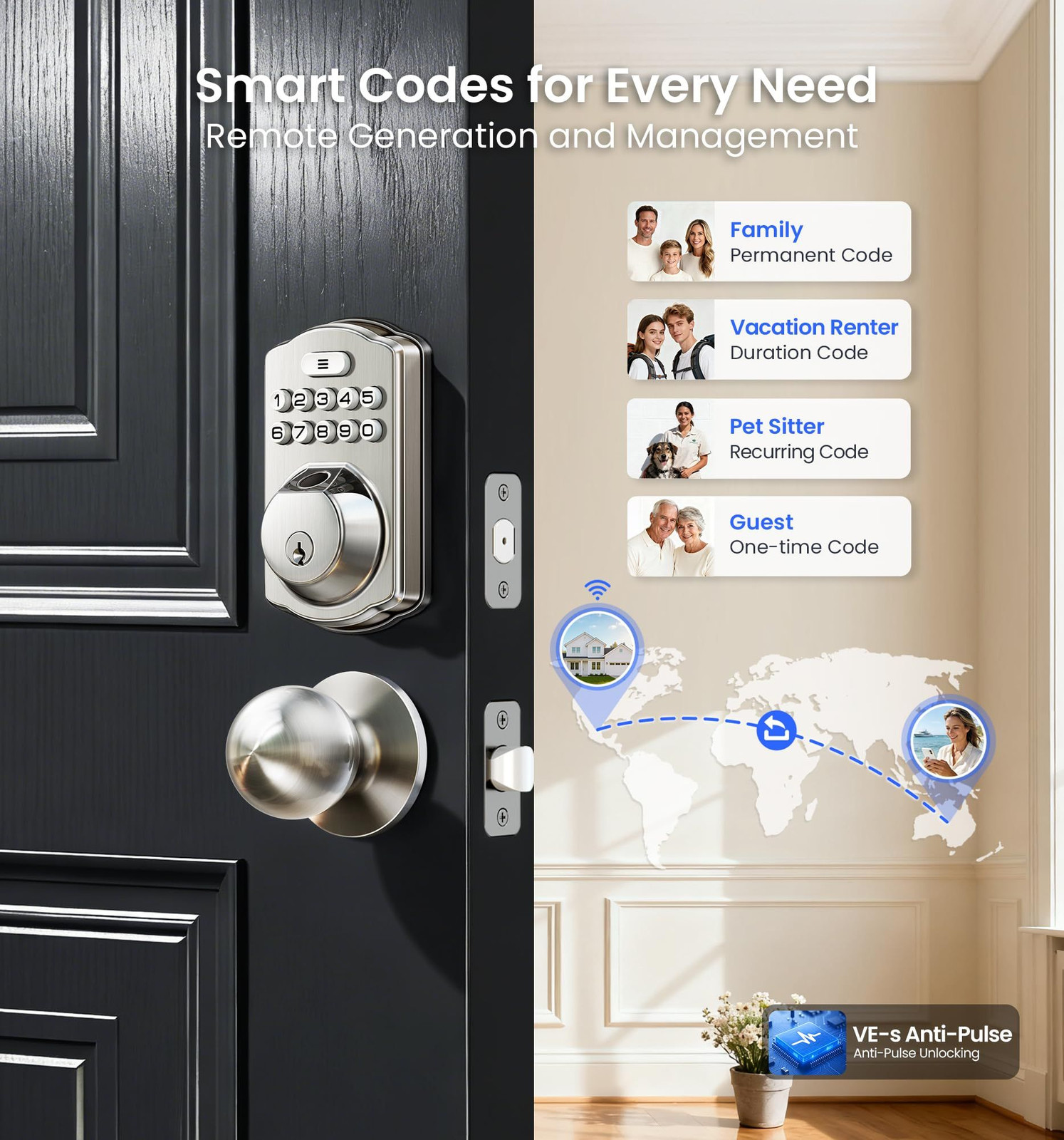 Veise VE012W-K Built-in WiFi Fingerprint Smart Lock with 2 Satin Nickel