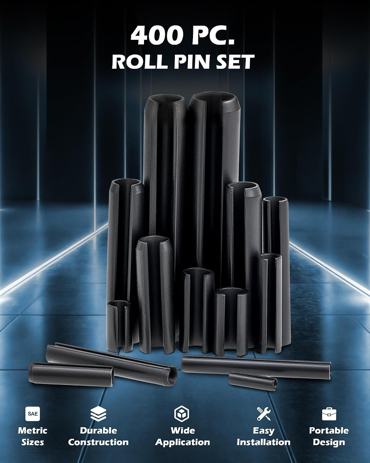 400Pc Roll Pin Set, M1.5 M2 M2.5 M3 M4 M5 M6 Slotted Metric Spring Pins