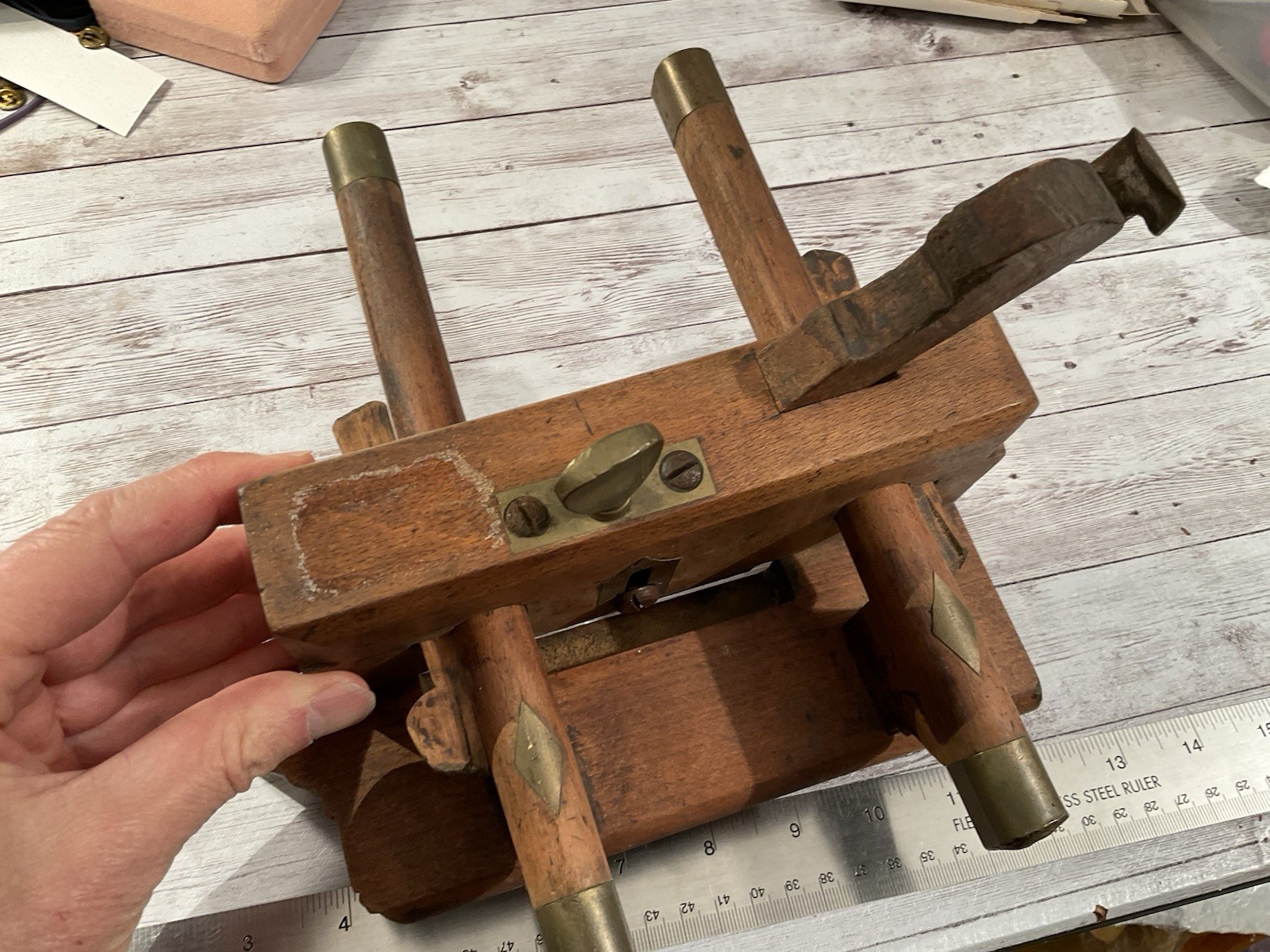 ORIGINAL BIG ANTIQUE WOOD BRASS PLOUGH PLANE – STAMPED NAMES