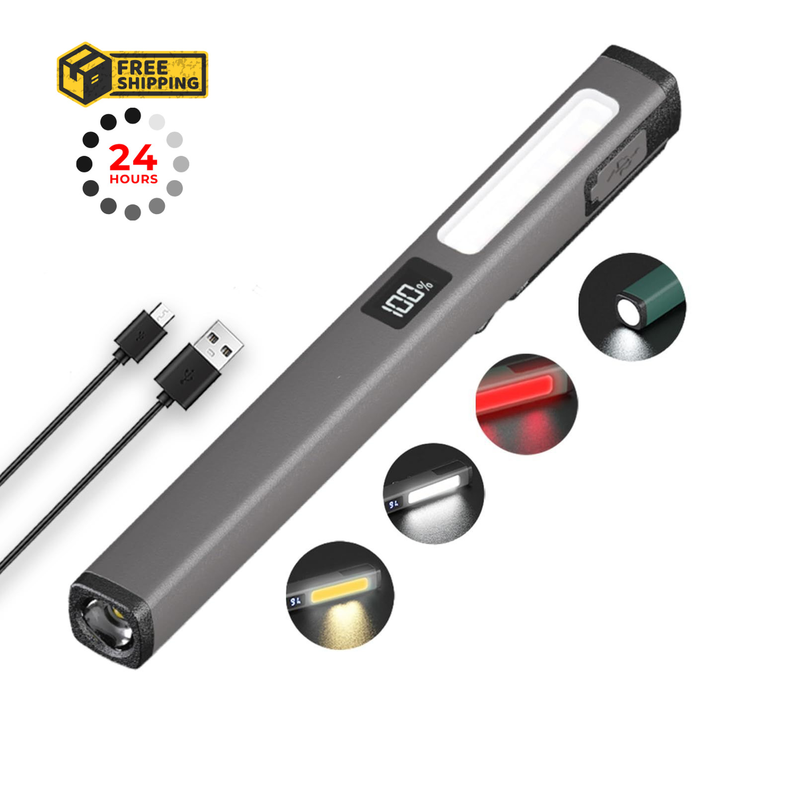 Bufccy Small Rechargeable Pen Flashlights with COB Work Light, Portable Gray