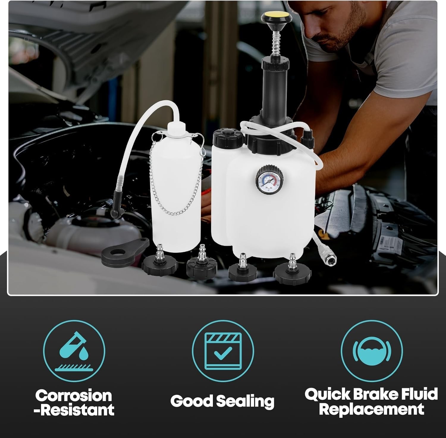 3L Manual Brake Bleeder Kit with Pump 4 Master Cylinder Adapters & 1L Bottle