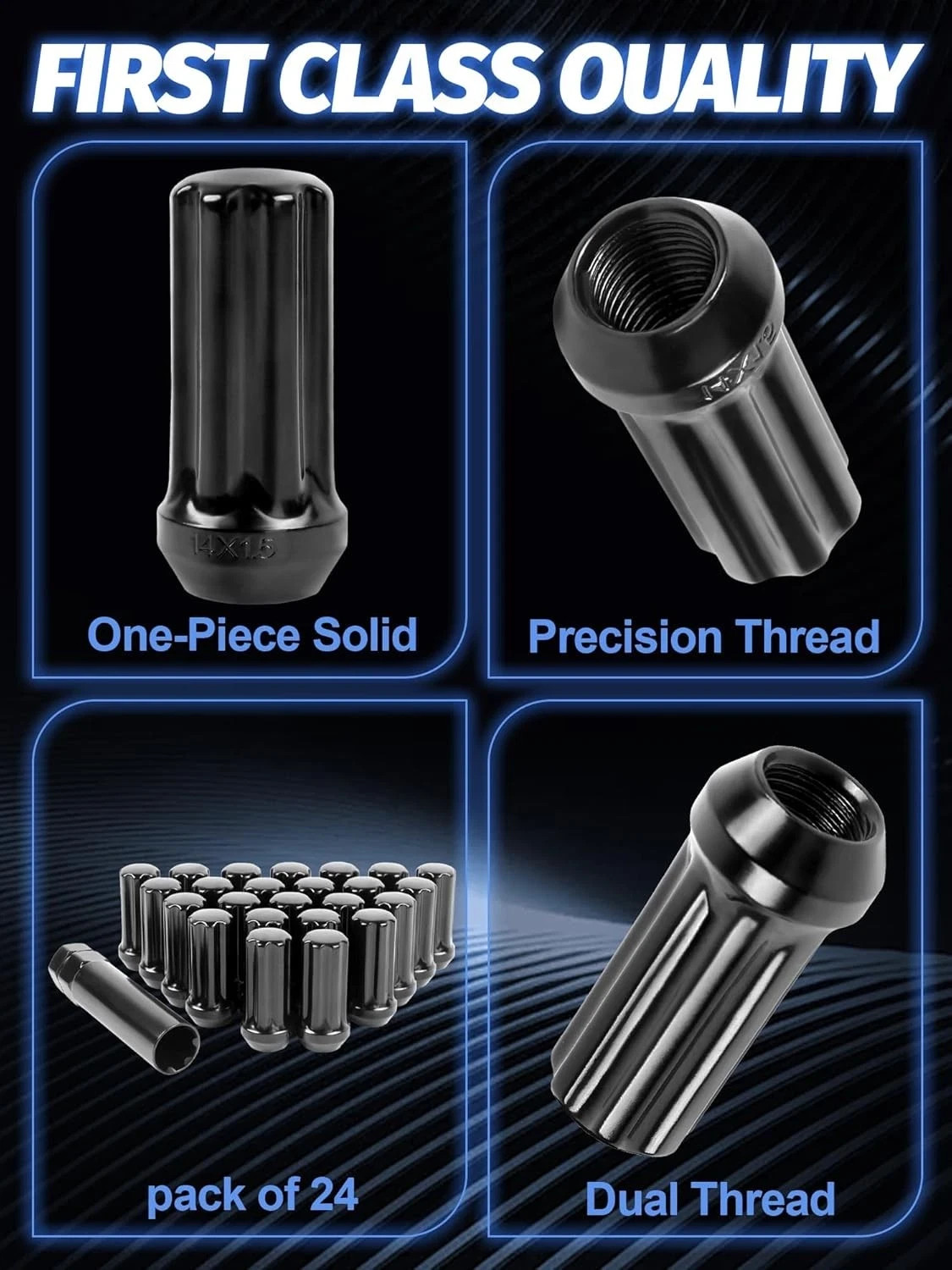 Set of 24, M14x1.5 Lug Nuts Black XL Spline Wheel Lug Nuts for 6 Lug Aftermaket,