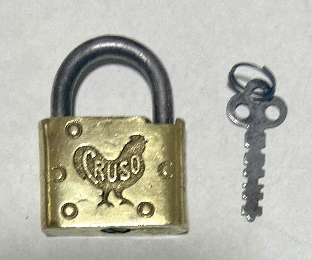 Antique CRUSO Rooster Brass & Steel Warded Padlock with Original Key