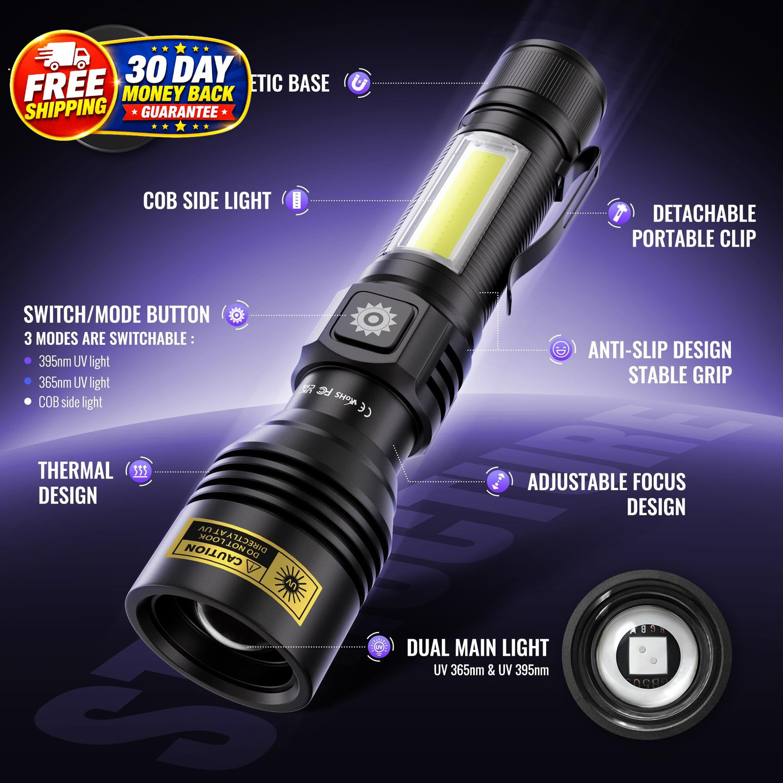 UV Flashlight 365nm & 395nm Dual Black powerful01, 365nm+395nm