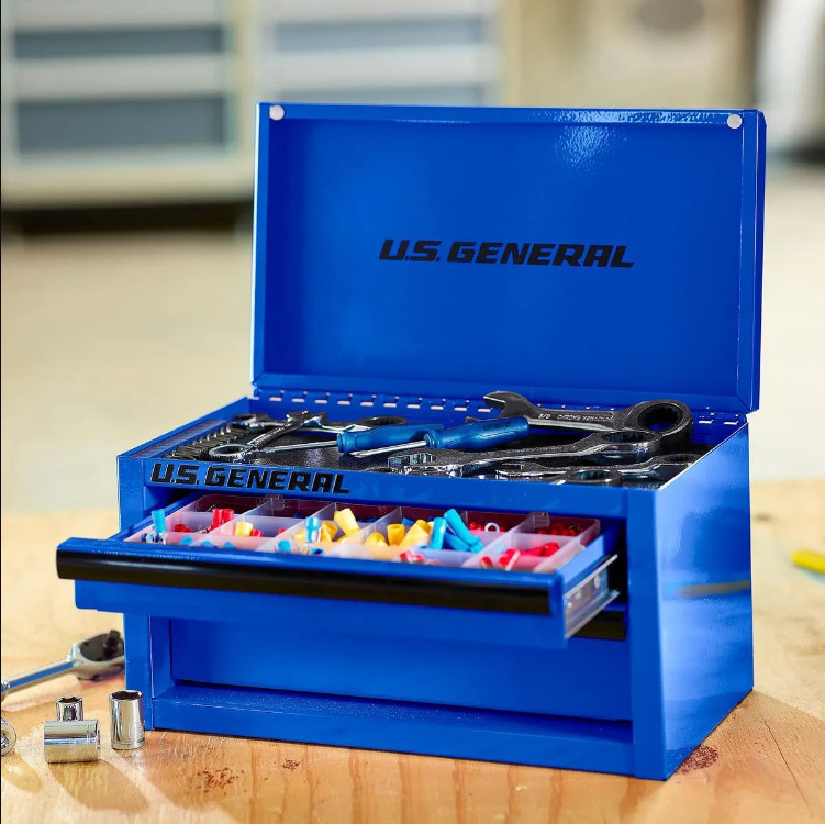 U.S. General Mini Tool Box 2-Drawer Blue Drawer Liner Metal Storage Organizer