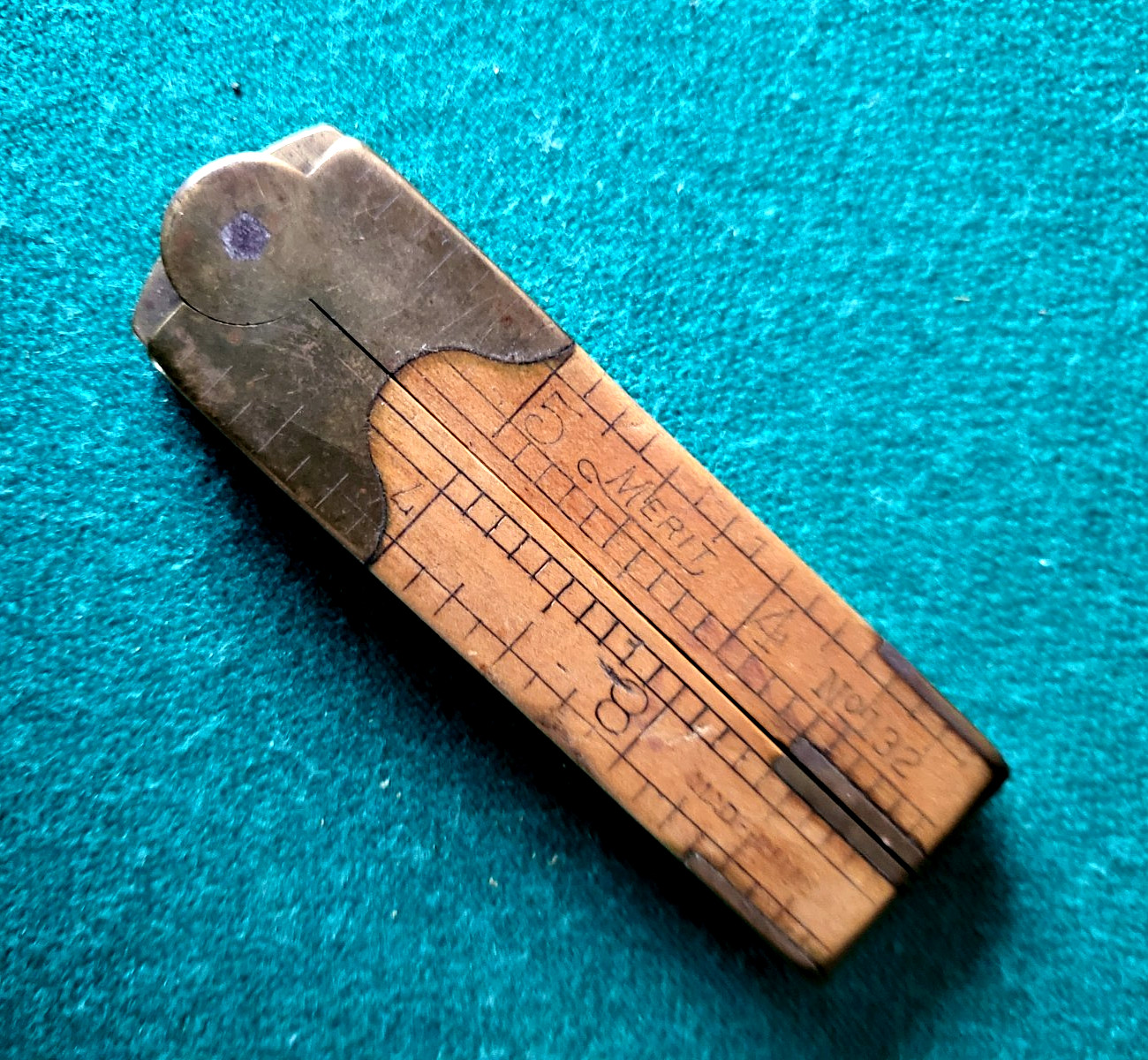 Antique 1919 Merit No. 132, Wood & Brass Folding Ruler With Sliding Caliper-RARE