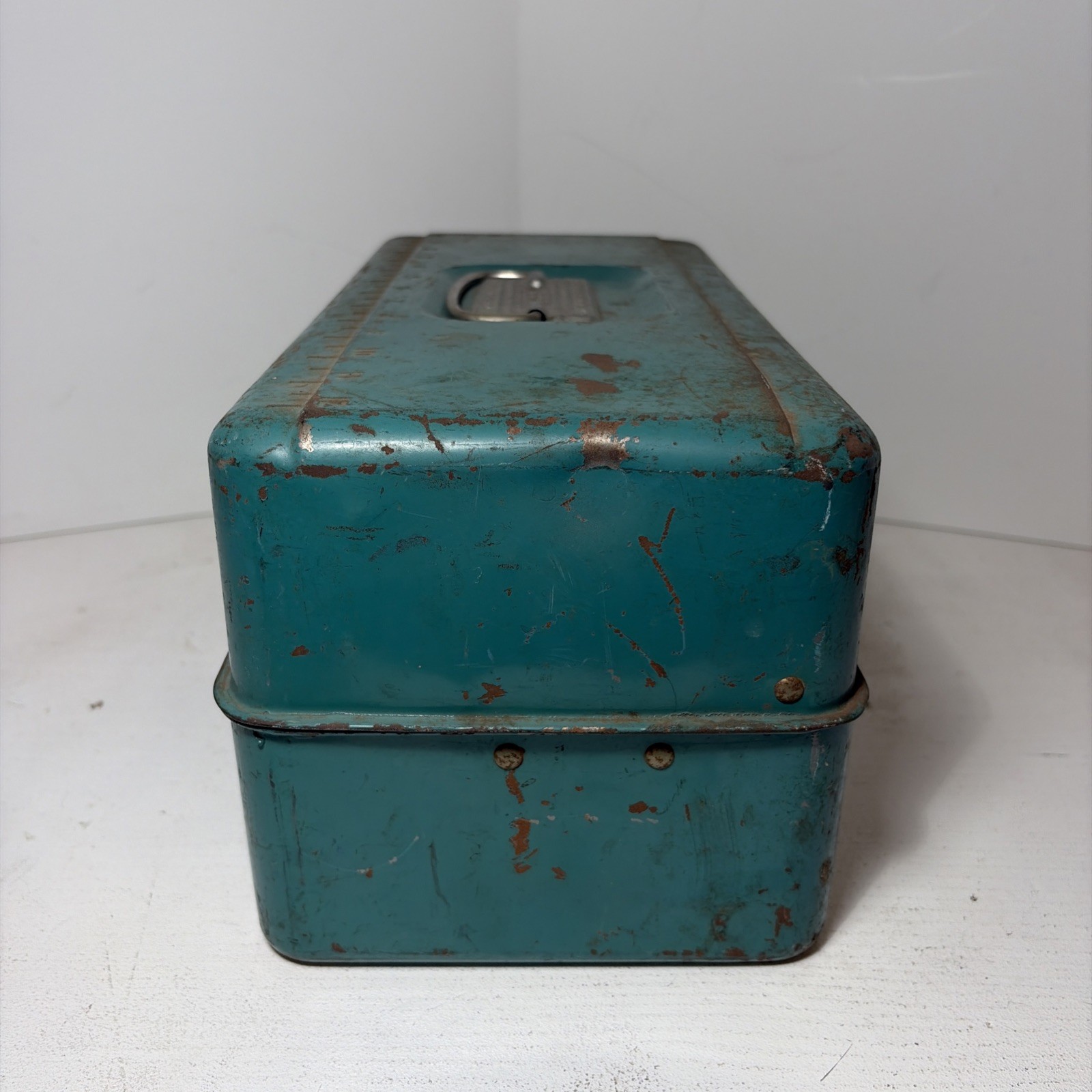 Vintage Liberty Steel Teal Green Metal Tackle Tool Box w Embossed Ruler + Extras