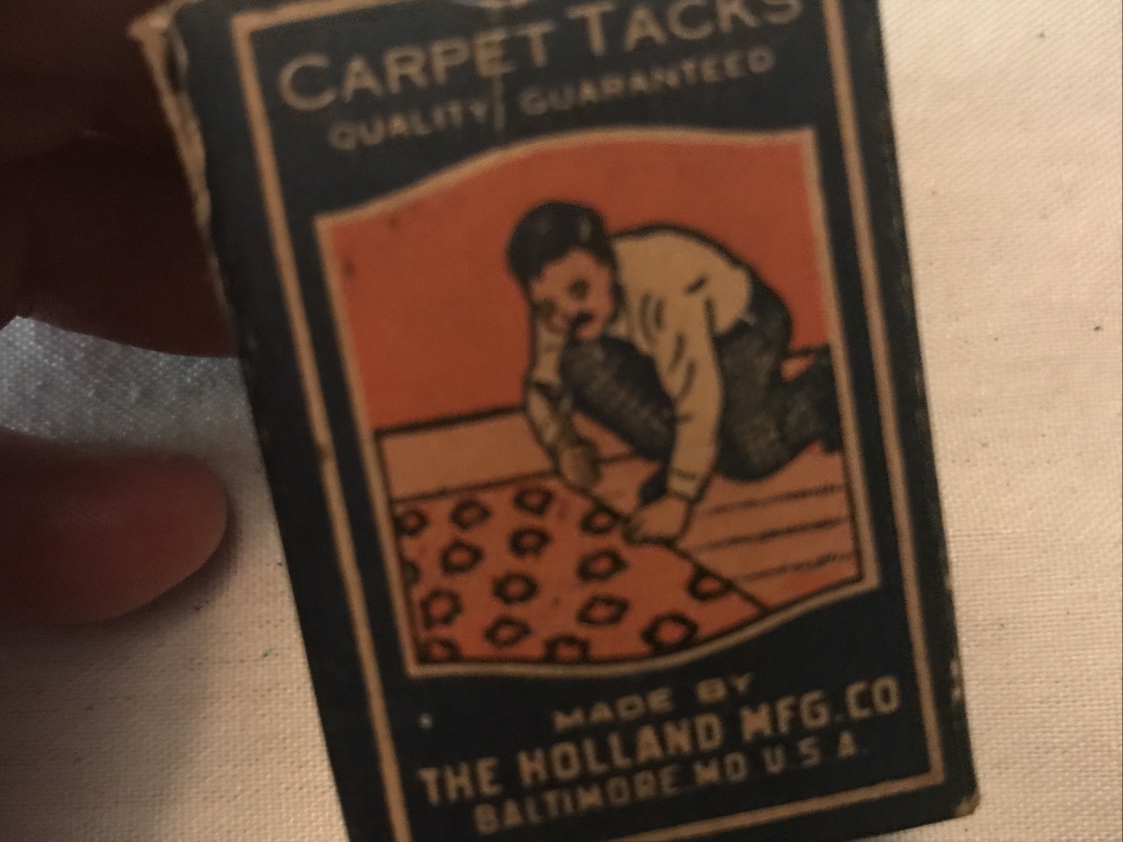 The HOLLAND Mfg. Co. Vintage Carpet Tacks Box, Great Graphics, Baltimore, Md.
