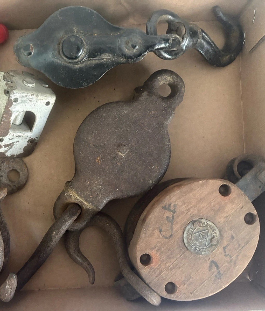 Antique Cast Iron Wood Pulley Double Sheave Lot Rustic Farmhouse Decor Steampunk