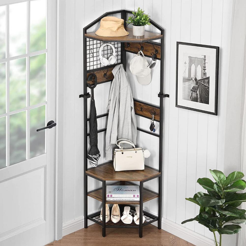72.4″ Corner Tall Clothing Rack Coat Racks Shoes Shelf Stuffs Storage w/Hooks