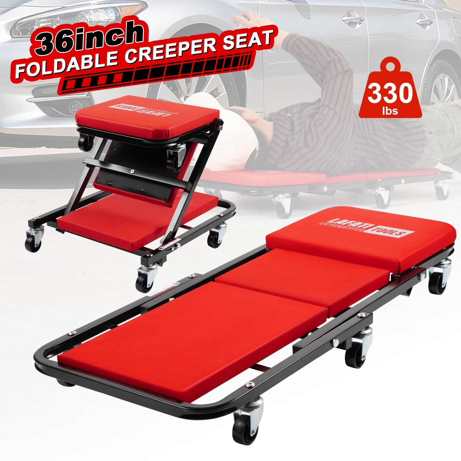 Folding Car Creeper Stool 2-in-1 Rolling Casters Wheels Compact Red 36-Inch