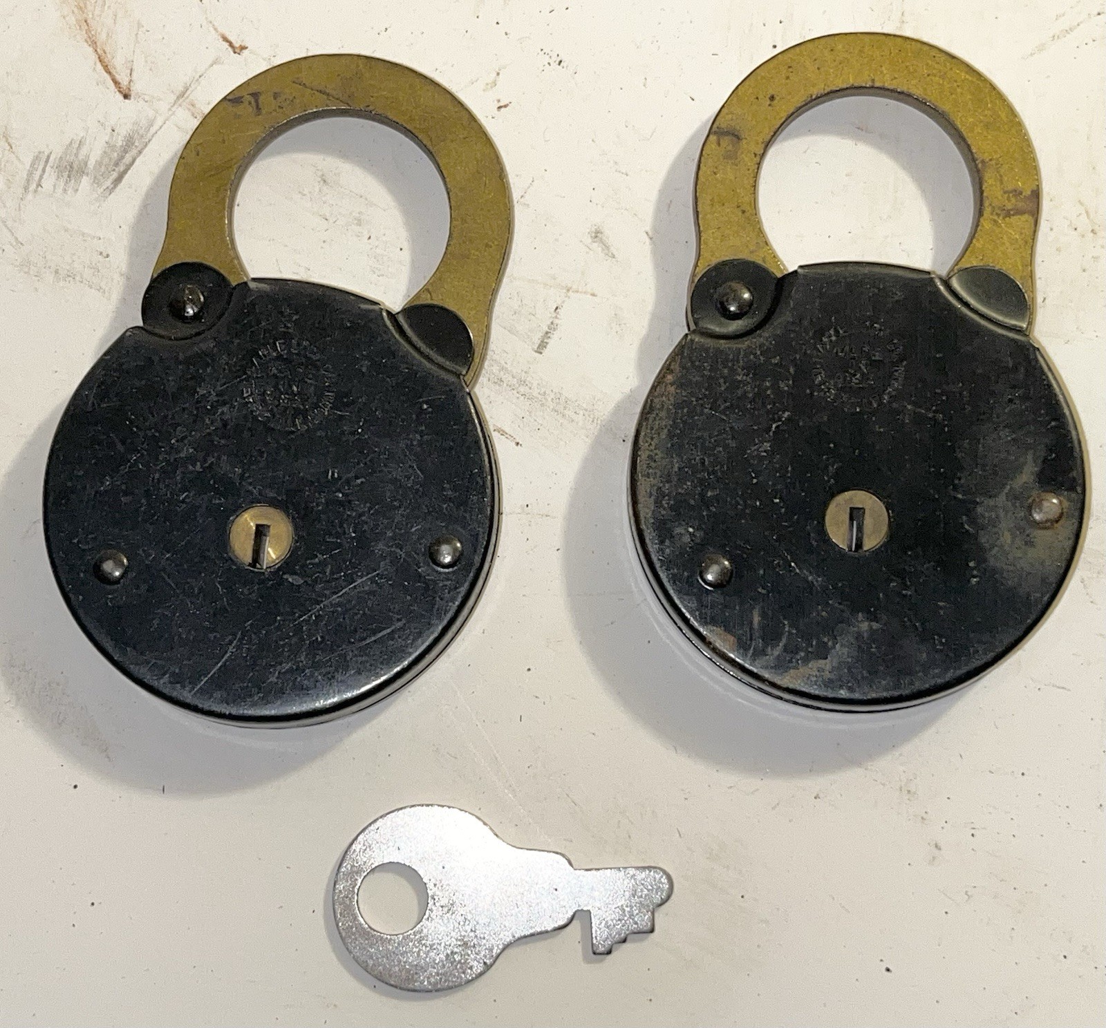Pair of Antique Eagle Brass & Japaned Steel Locking Padlock Working with One Key