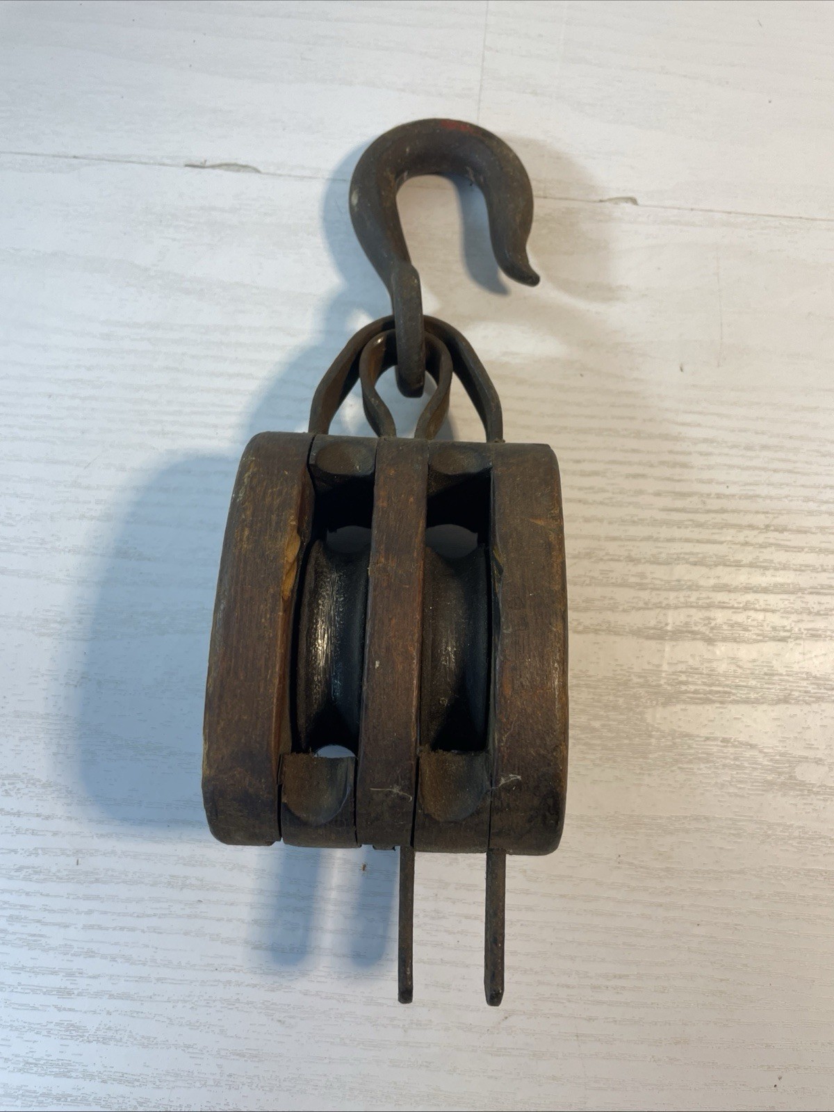 Early 1900s Anvil Brand Double Wood Barn Pulley Block Tackle Iron Hook Primitive