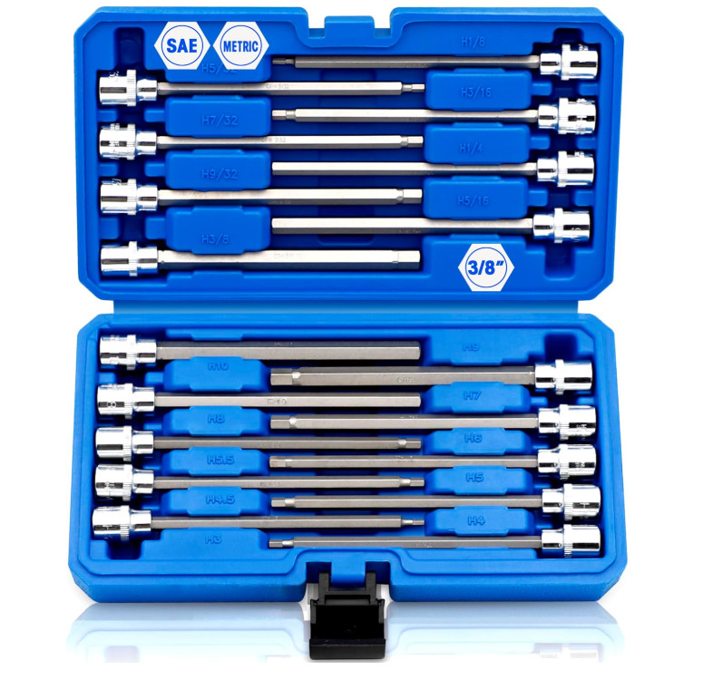 18Pcs 3/8 Inch Drive Extra Long Allen Hex Bit Socket Set SAE/Metric (1/8-3/8 in)