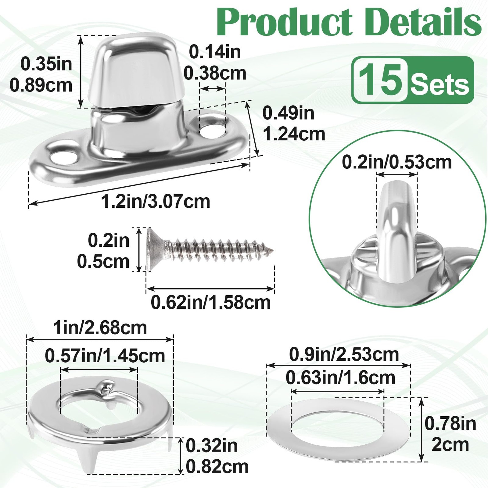 Mxxipp 15 Set Marine Grade 1.2In X 0.49In (Screw: 0.2In X 0.62In), Silver