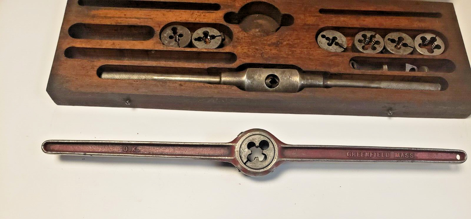 Vintage O.K. Round Die Set Greenfield Tap & Die Corp Wood Case