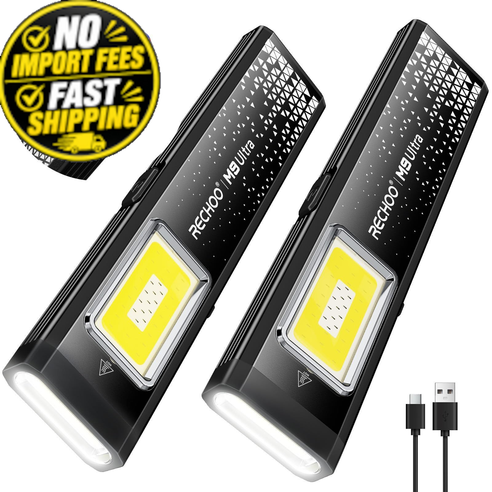 RECHOO Flat EDC Flashlight Rechargeable, 8-Mode Slim Pocket 2 Pack, Black