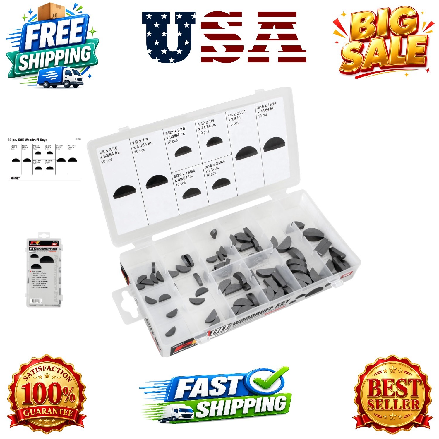 80-Piece SAE Woodruff Key Assortment Kit | Includes 8 popular sizes of half m…
