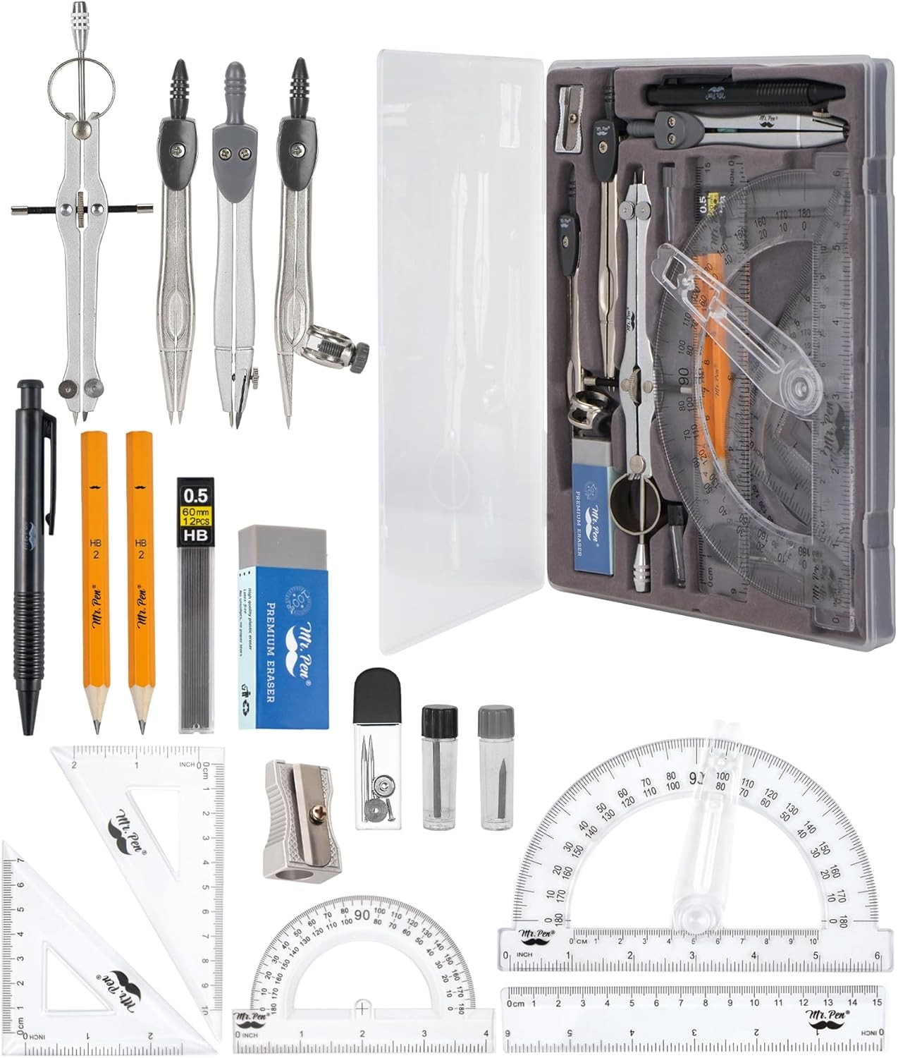 Mr Pen Geometry Set 15 Piece with 6 Inch Swing Arm Protractor Divider Ruler